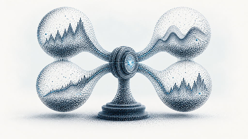 Four balanced point-cloud forecasting chambers feed a shared calibration core.