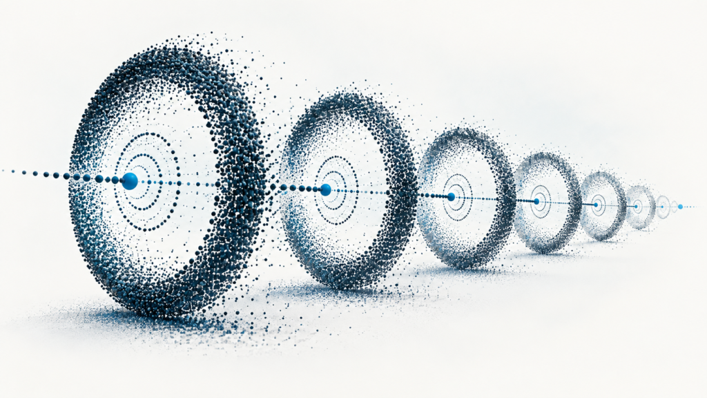 Sequential point-cloud calibration rings represent reproducible walk-forward evaluation.