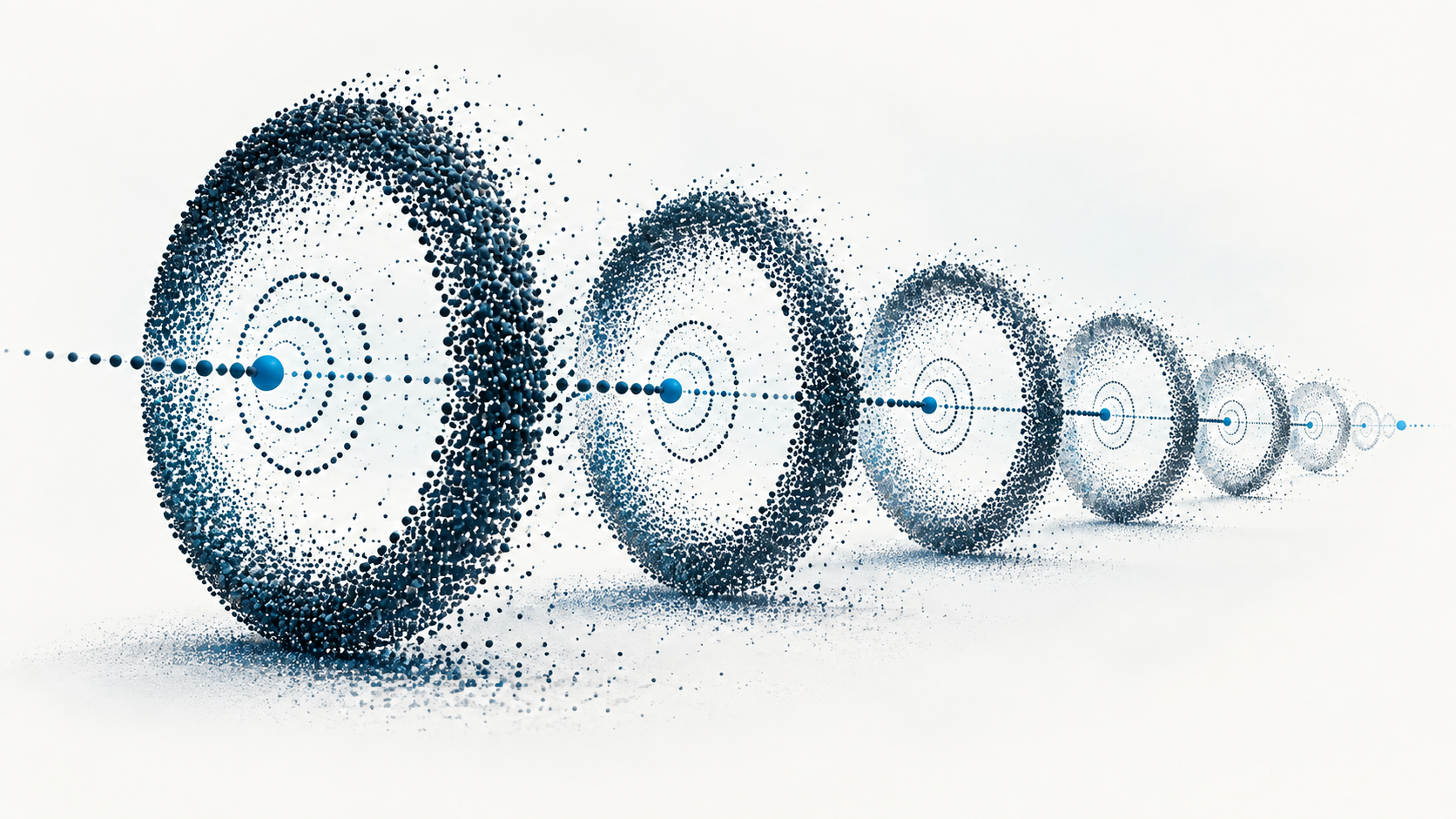 Sequential point-cloud calibration rings represent reproducible walk-forward evaluation.