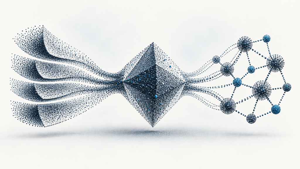 Layered point-cloud inputs pass through a financial language reasoning prism into an evidence network.