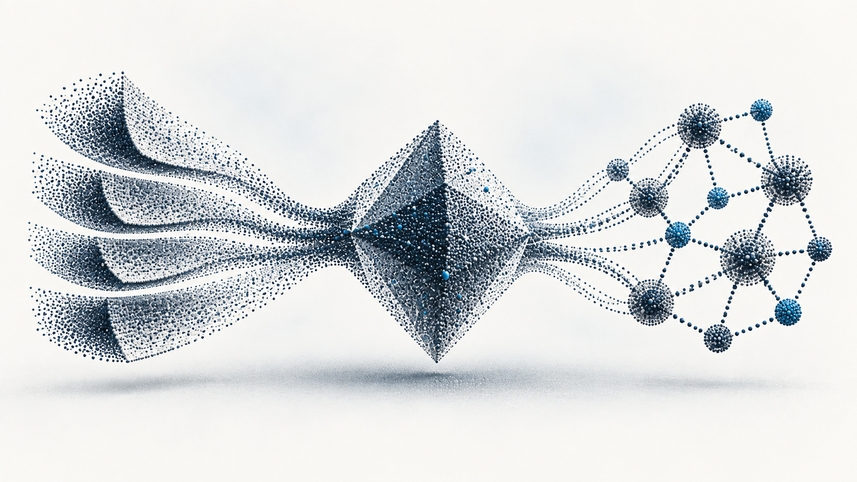 Layered point-cloud inputs pass through a financial language reasoning prism into an evidence network.