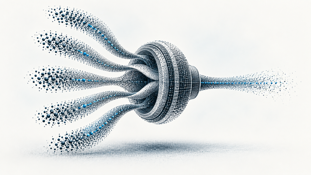 Five point-cloud signal channels converge through a single multivariate forecasting turbine.