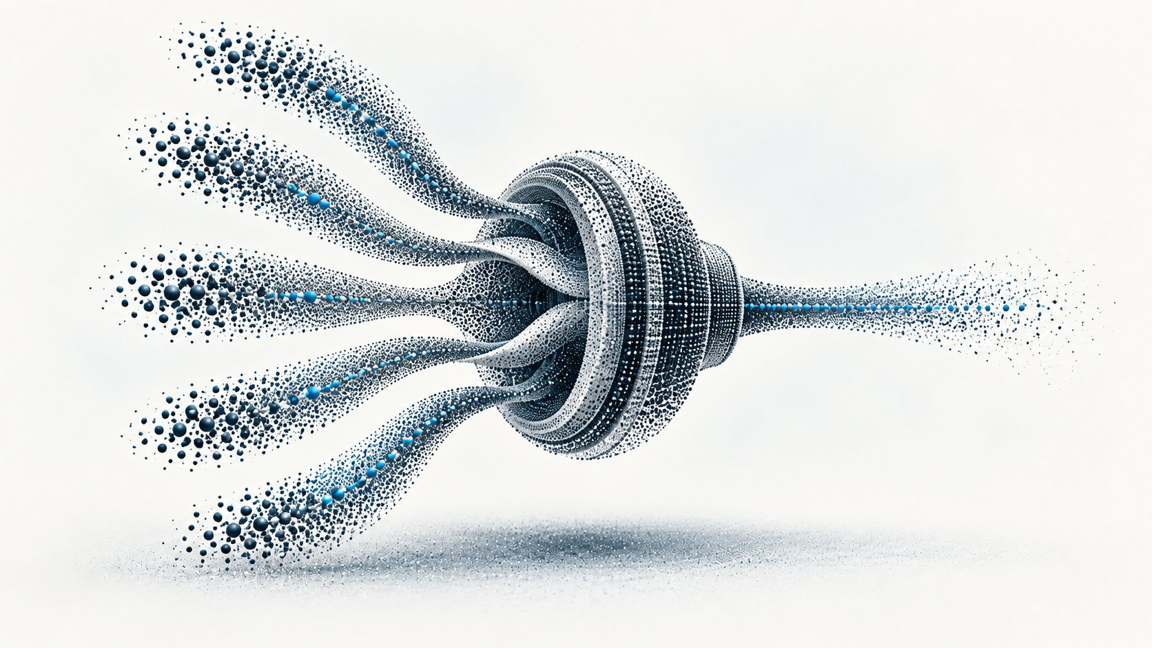 Five point-cloud signal channels converge through a single multivariate forecasting turbine.