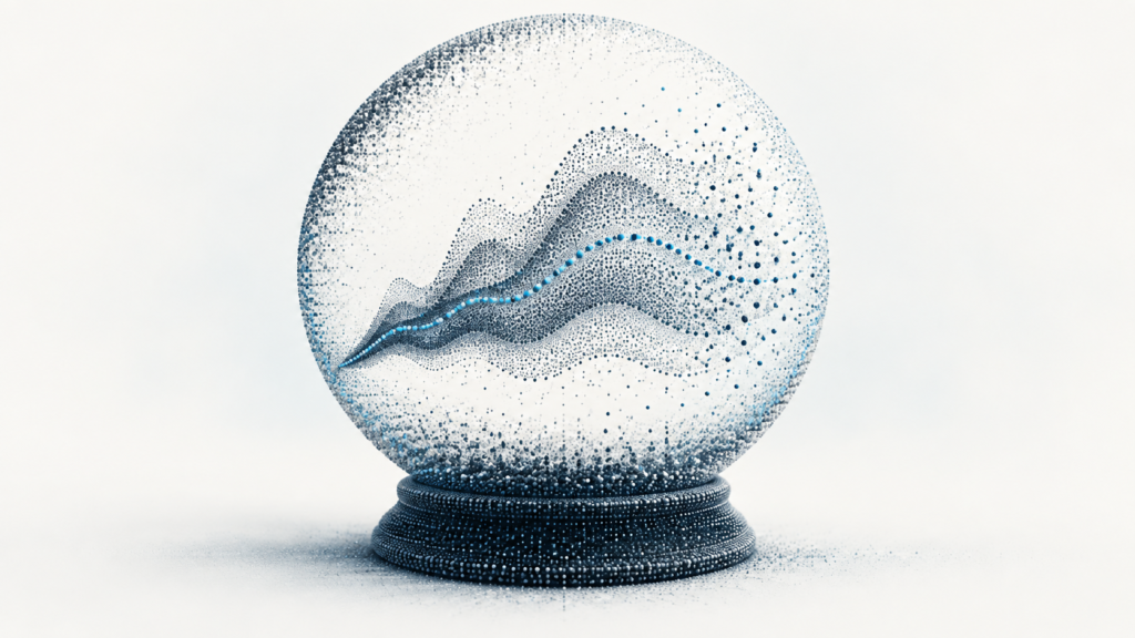 A point-cloud probability instrument contains layered uncertainty paths and a calibrated signal.