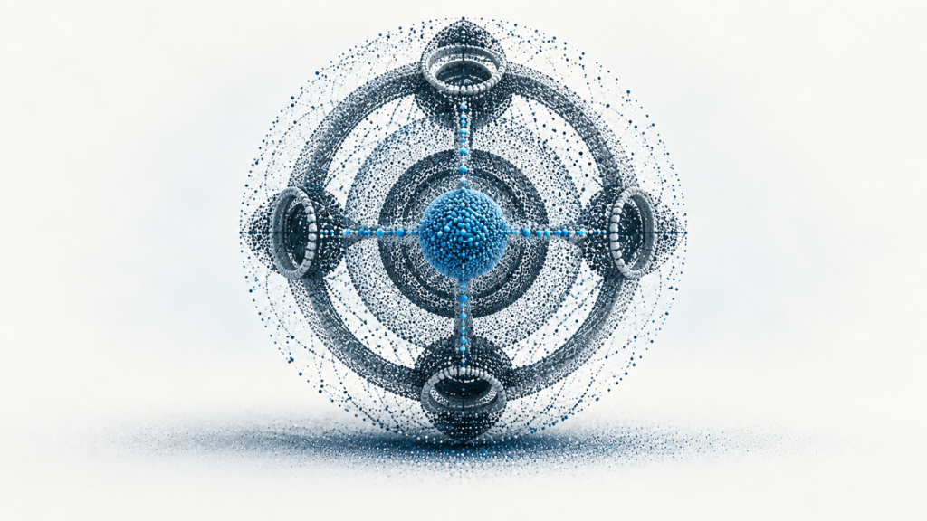 A governed point-cloud agent core surrounds a protected decision nucleus with permission gates.